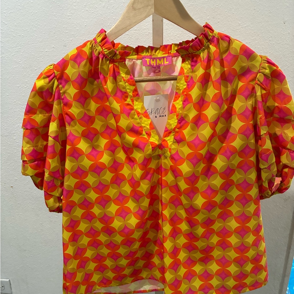 THML Women's Pink and Yellow Geometric Blouse
